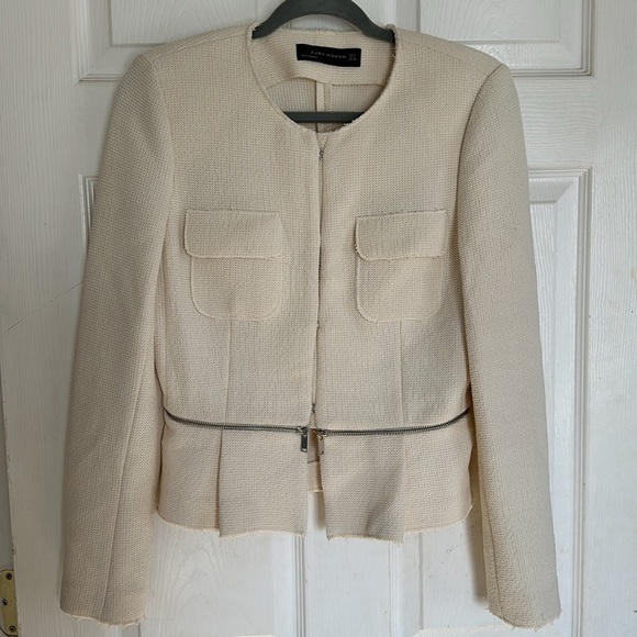 Zara jacket removable Woven Knit Peplum hem cream tweed blazer size Medium - Picture 5 of 10